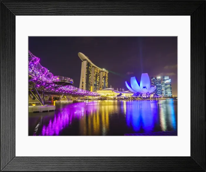 Framed Print : Helix Bridge, Marina Bay Sands and ArtScience Museum illuminated at night, Marina Bay Framed Print : Helix Bridge, Marina Bay Sands and ArtScience Museum illuminated at night, Marina Bay
