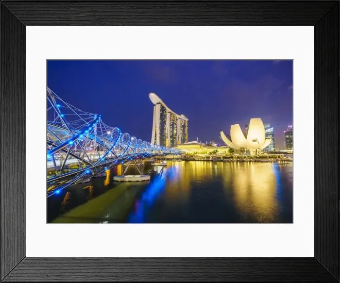 Framed Print : Helix Bridge, Marina Bay Sands and ArtScience Museum illuminated at night, Marina Bay Framed Print : Helix Bridge, Marina Bay Sands and ArtScience Museum illuminated at night, Marina Bay