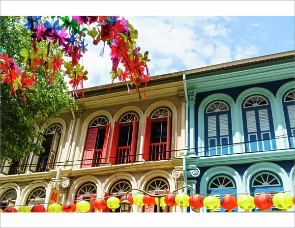 Restored and colourfully painted old shophouses in Chinatown, Singapore, Southeast Asia