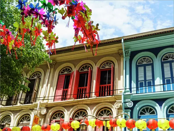 Restored and colourfully painted old shophouses in Chinatown, Singapore, Southeast Asia