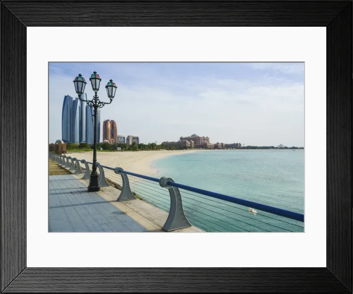 Framed Print : View from the Breakwater towards Etihad Towers and Emirates Palace Hotel and beach Framed Print : View from the Breakwater towards Etihad Towers and Emirates Palace Hotel and beach
