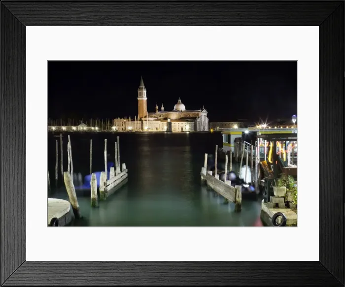 Framed Print : The island and church of San Georgio Maggiore at night with a boat dock in the foreground Framed Print : The island and church of San Georgio Maggiore at night with a boat dock in the foreground