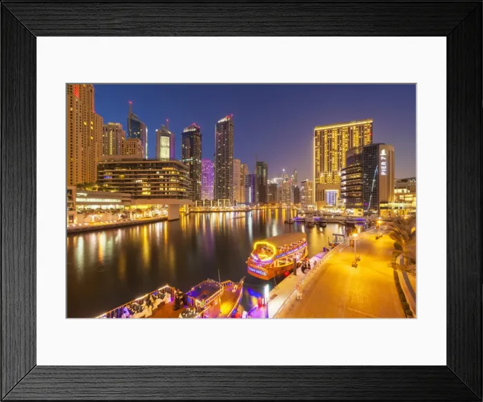 Framed Print : Dubai Marina skyline and tourist boats at night, Dubai City, United Arab Emirates Framed Print : Dubai Marina skyline and tourist boats at night, Dubai City, United Arab Emirates