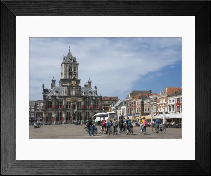 Framed Print : City Hall, Main Square, local cyclists, Delft, Holland, Europe