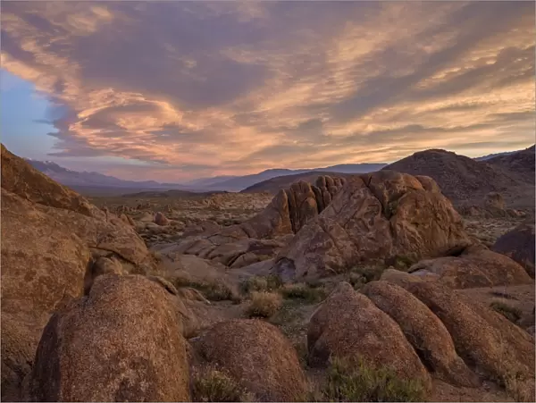 Clouds at dawn over the rock formations, Alabama Hills, Inyo National Forest, California