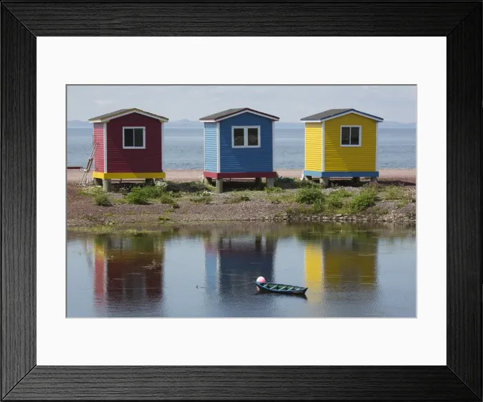 Framed Print : Colourfully painted huts by the shore of the Atlantic Ocean at Hearts Delight-Islington Framed Print : Colourfully painted huts by the shore of the Atlantic Ocean at Hearts Delight-Islington