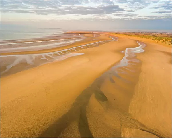 Camber Sands Beach at sunrise, Camber, near Rye, East Sussex, England, United Kingdom