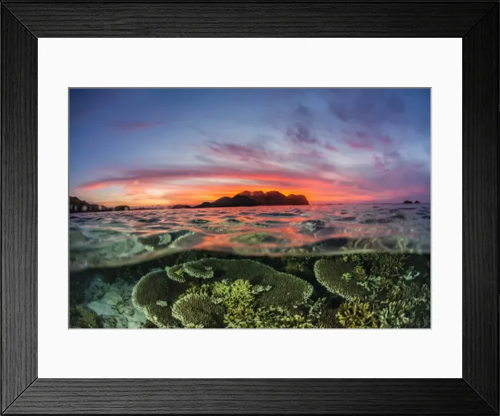 Framed Print : Half above and half below view of the Komodo Diving Resort at sunset, Sebayur Island Framed Print : Half above and half below view of the Komodo Diving Resort at sunset, Sebayur Island