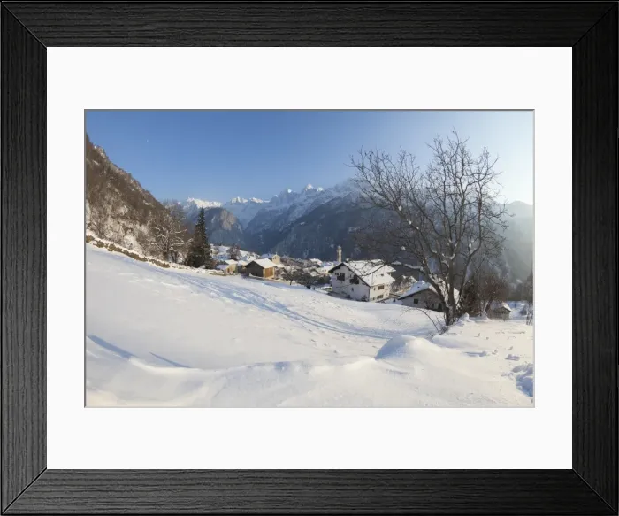 Framed Print : Sunset on the snowy village of Soglio, Maloja District, Bregaglia Valley, Engadine Framed Print : Sunset on the snowy village of Soglio, Maloja District, Bregaglia Valley, Engadine