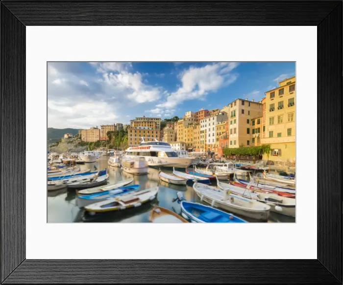 Framed Print : Blue sky over harbour of the fishing village of Camogli, Gulf of Paradise, Portofino National Park Framed Print : Blue sky over harbour of the fishing village of Camogli, Gulf of Paradise, Portofino National Park