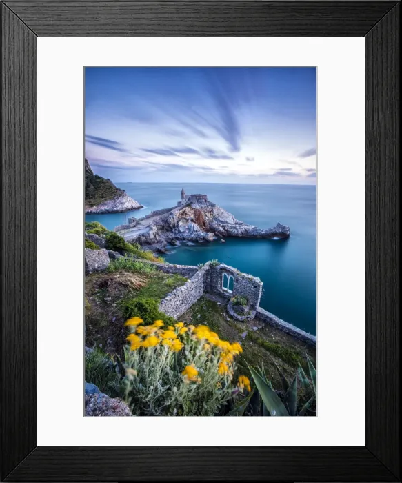Framed Print : Flowers and blue sea frame the old castle and church at dusk, Portovenere, UNESCO Framed Print : Flowers and blue sea frame the old castle and church at dusk, Portovenere, UNESCO