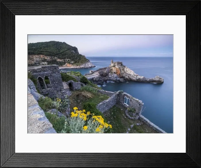 Framed Print : Flowers and blue sea frame the old castle and church at dawn, Portovenere, UNESCO Framed Print : Flowers and blue sea frame the old castle and church at dawn, Portovenere, UNESCO