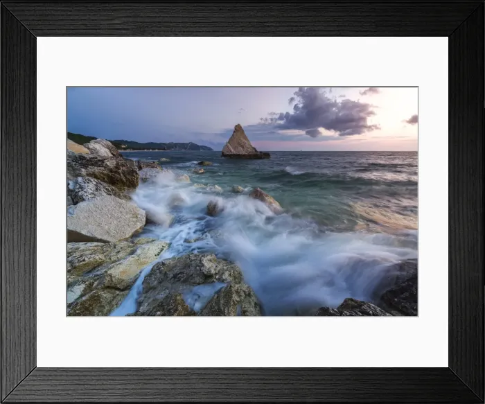Framed Print : Waves of blue sea framed by the pink sunrise, La Vela Beach, Portonovo, province of Ancona Framed Print : Waves of blue sea framed by the pink sunrise, La Vela Beach, Portonovo, province of Ancona