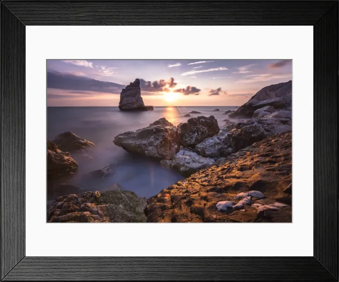Framed Print : Cliffs and sea framed by the pink sky at sunris, La Vela Beach, Portonovo, Province of Ancona Framed Print : Cliffs and sea framed by the pink sky at sunris, La Vela Beach, Portonovo, Province of Ancona