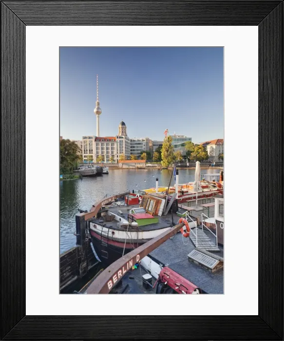 Framed Print : Historical port, Maerkisches Ufer, Spree River, Berliner Fernsehturm (television tower) Framed Print : Historical port, Maerkisches Ufer, Spree River, Berliner Fernsehturm (television tower)