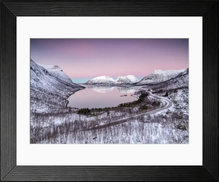 Framed Print : Pink sky at sunrise lights up the snowy peaks reflected in the cold sea, Bergsbotn Framed Print : Pink sky at sunrise lights up the snowy peaks reflected in the cold sea, Bergsbotn