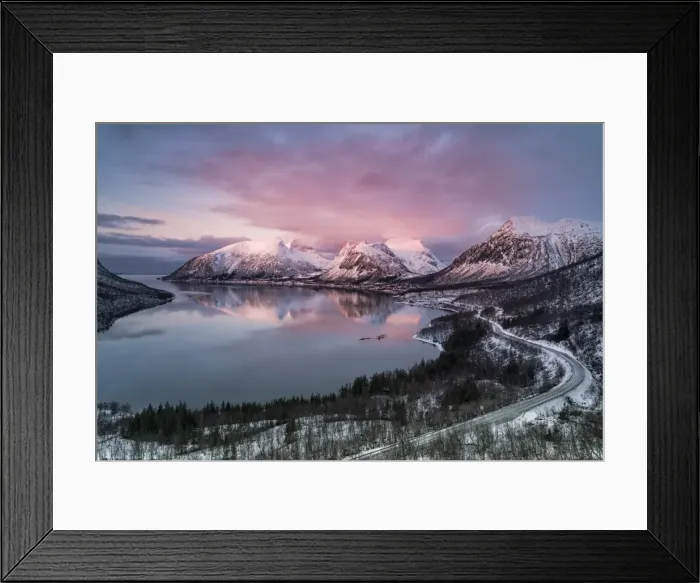 Framed Print : Pink sky and clouds on the snowy peaks reflected in cold sea at sunset, Bergsbotn Framed Print : Pink sky and clouds on the snowy peaks reflected in cold sea at sunset, Bergsbotn
