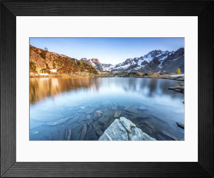 Framed Print : Snowy peaks reflected in Lake Zana at sunrise, Malenco Valley, Valtellina, Province of Sondrio Framed Print : Snowy peaks reflected in Lake Zana at sunrise, Malenco Valley, Valtellina, Province of Sondrio