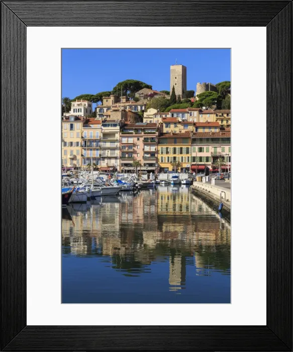 Framed Print : Reflections of boats and Le Suquet, Old (Vieux) port, Cannes, Cote d Azur, Alpes Maritimes Framed Print : Reflections of boats and Le Suquet, Old (Vieux) port, Cannes, Cote d Azur, Alpes Maritimes
