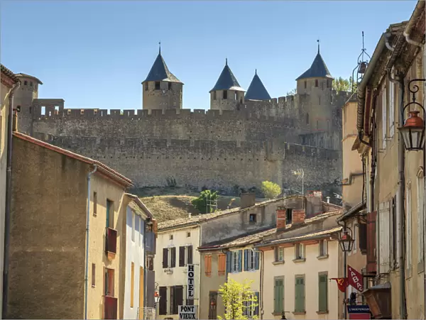 Ville Basse, with view to historic city ramparts, Carcassonne, UNESCO World Heritage Site