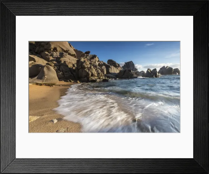 Framed Print : Waves crashing on the sandy beach framed by cliffs, Capo Testa, Santa Teresa di Gallura Framed Print : Waves crashing on the sandy beach framed by cliffs, Capo Testa, Santa Teresa di Gallura