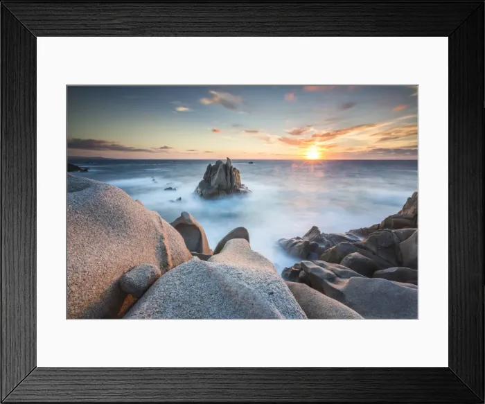 Framed Print : The light of sunset on blue sea framed by cliffs, Capo Testa, Santa Teresa di Gallura Framed Print : The light of sunset on blue sea framed by cliffs, Capo Testa, Santa Teresa di Gallura