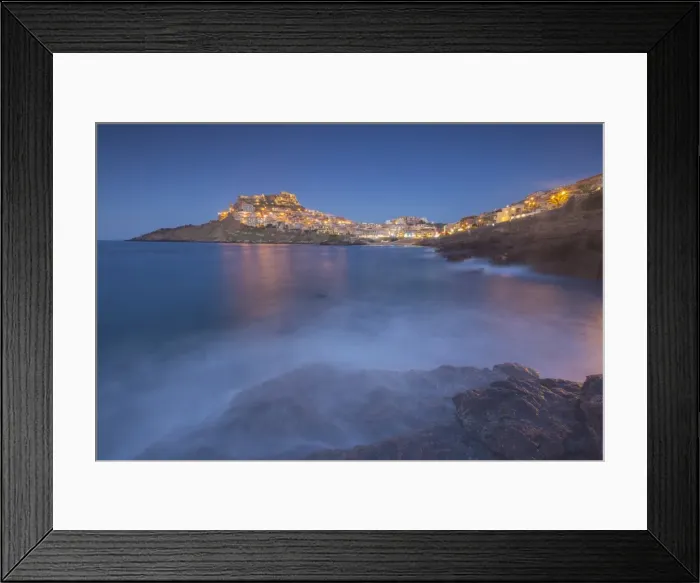 Framed Print : Waves frame the village perched on promontory at dusk, Castelsardo, Gulf of Asinara Framed Print : Waves frame the village perched on promontory at dusk, Castelsardo, Gulf of Asinara