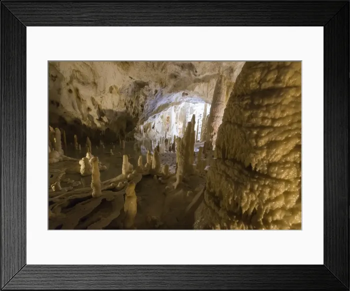 Framed Print : The natural show of Frasassi Caves with sharp stalactites and stalagmites, Genga Framed Print : The natural show of Frasassi Caves with sharp stalactites and stalagmites, Genga