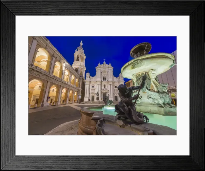 Framed Print : Night view of the Basilica of the Holy House and fountain decorated with statues Framed Print : Night view of the Basilica of the Holy House and fountain decorated with statues