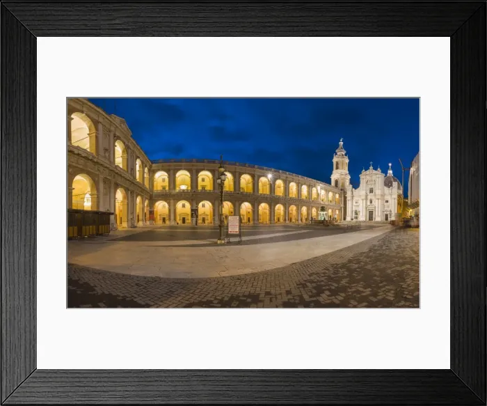 Framed Print : Night view of the ancient and holy Basilica of the Holy House framed by arcades, Loreto Framed Print : Night view of the ancient and holy Basilica of the Holy House framed by arcades, Loreto