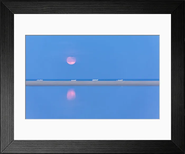 Framed Print : The pink full moon is reflected in the blue water of the Notteri pond, Villasimius Framed Print : The pink full moon is reflected in the blue water of the Notteri pond, Villasimius