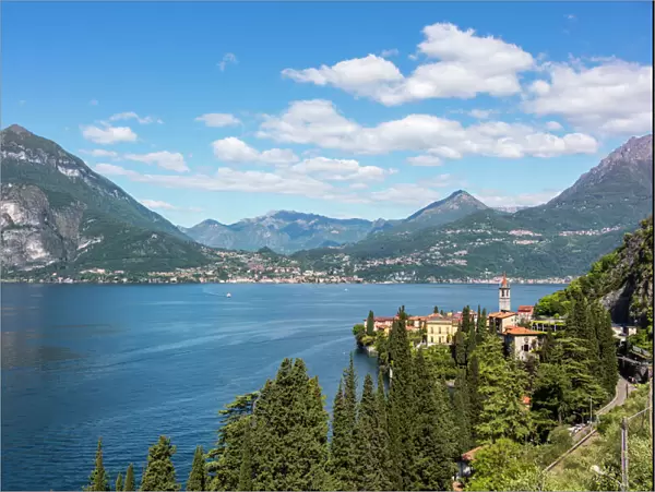 View of the typical village of Varenna and Lake Como surrounded by mountains, Province of Lecco