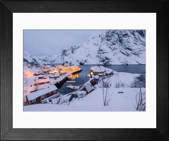 Framed Print : Dusk lights on the fishing village surrounded by snowy peaks, Nusfjord, Nordland Framed Print : Dusk lights on the fishing village surrounded by snowy peaks, Nusfjord, Nordland