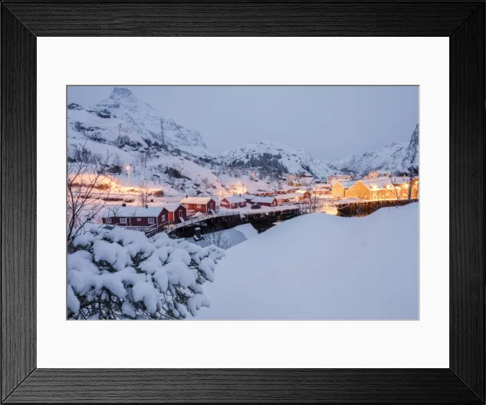 Framed Print : Dusk lights on the fishing village surrounded by snowy peaks, Nusfjord, Nordland Framed Print : Dusk lights on the fishing village surrounded by snowy peaks, Nusfjord, Nordland