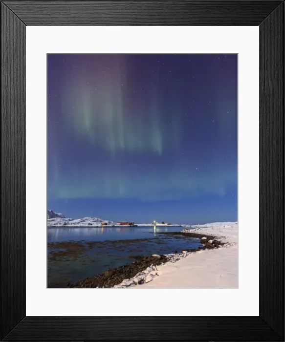 Framed Print : Northern lights (Aurora Borealis) on the snowy peaks reflected in the cold sea, Volanstinden Framed Print : Northern lights (Aurora Borealis) on the snowy peaks reflected in the cold sea, Volanstinden