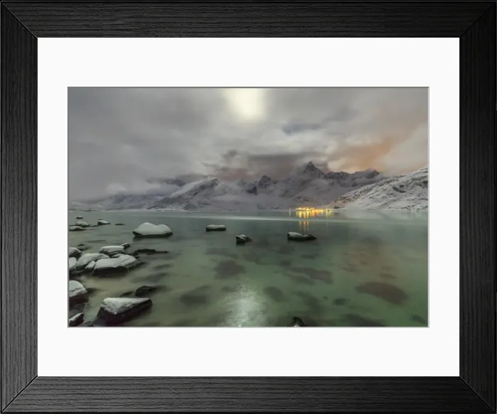 Framed Print : Full moon lights up the snow capped peaks reflected in the cold sea, Vareid, Flakstad Framed Print : Full moon lights up the snow capped peaks reflected in the cold sea, Vareid, Flakstad
