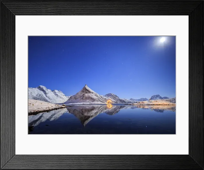 Framed Print : Full moon and stars light up the snow capped peaks reflected in sea, Volanstinden Framed Print : Full moon and stars light up the snow capped peaks reflected in sea, Volanstinden