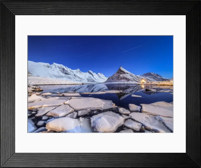 Framed Print : Star trails and lights on the snowy peaks reflected in the cold sea, Volanstinden Framed Print : Star trails and lights on the snowy peaks reflected in the cold sea, Volanstinden