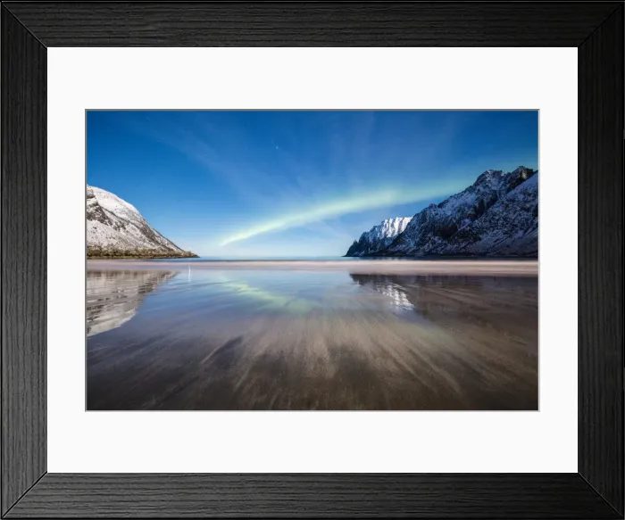 Framed Print : Northern lights and stars light up the sandy beach framed by snowy peaks, Ersfjord Framed Print : Northern lights and stars light up the sandy beach framed by snowy peaks, Ersfjord