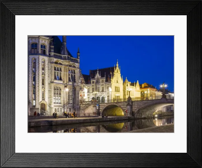 Framed Print : Michielsbrug (St. Michaels Bridge), and buildings on the Leie River at dusk, Ghent Framed Print : Michielsbrug (St. Michaels Bridge), and buildings on the Leie River at dusk, Ghent