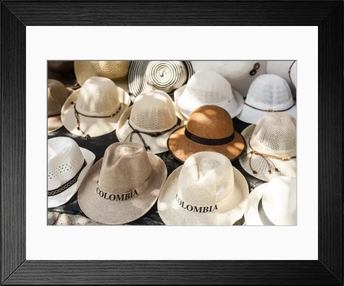 Framed Print : Traditional Panama hats for sale at a street market in Cartagena, Colombia, South America Framed Print : Traditional Panama hats for sale at a street market in Cartagena, Colombia, South America