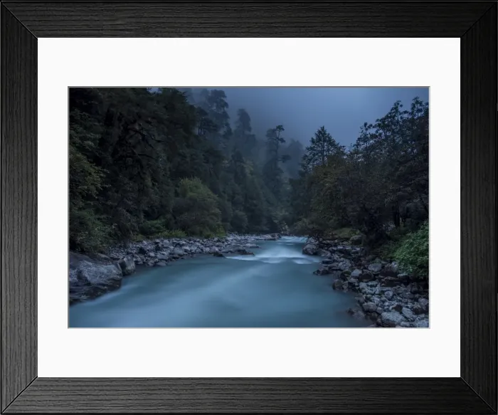Framed Print : Langtang Khola near the little village of Riverside on a misty evening in the Langtang