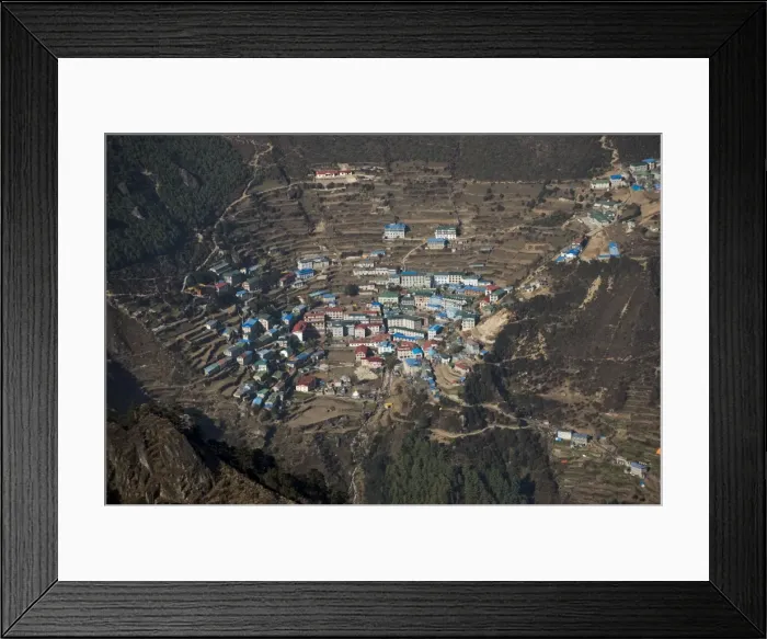 Framed Print : A view from Kongde looking down on Namche, the biggest village in Khumbu, the Everest region Framed Print : A view from Kongde looking down on Namche, the biggest village in Khumbu, the Everest region