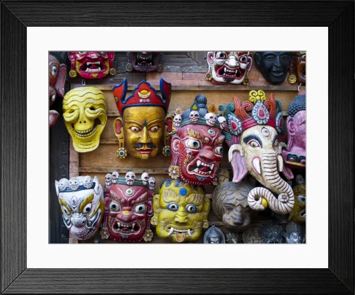 Framed Print : Painted face masks on display in the historical Newar city of Bhaktapur, Nepal, Asia Framed Print : Painted face masks on display in the historical Newar city of Bhaktapur, Nepal, Asia