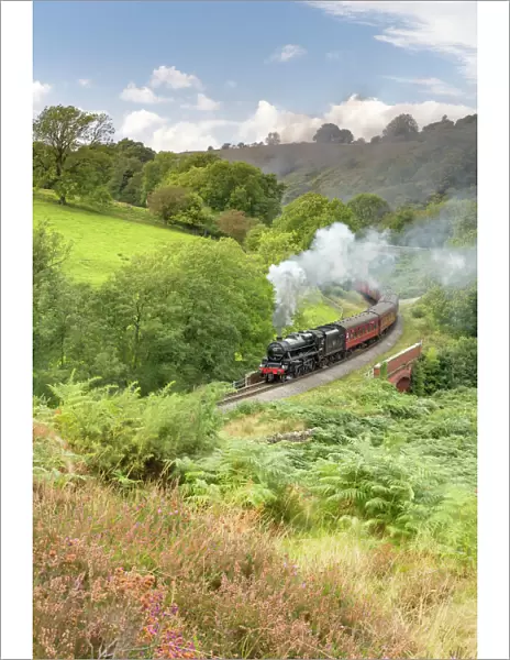 A steam locomotive approaching Goathland from Grosmont in September 2016, North Yorkshire