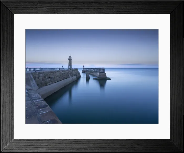 Framed Print : Whitby piers and lighthouses, shortly after sunset, Whitby, North Yorkshire, England Framed Print : Whitby piers and lighthouses, shortly after sunset, Whitby, North Yorkshire, England