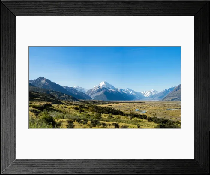 Framed Print : Yellow grass field with large mountains in the distance, South Island, New Zealand