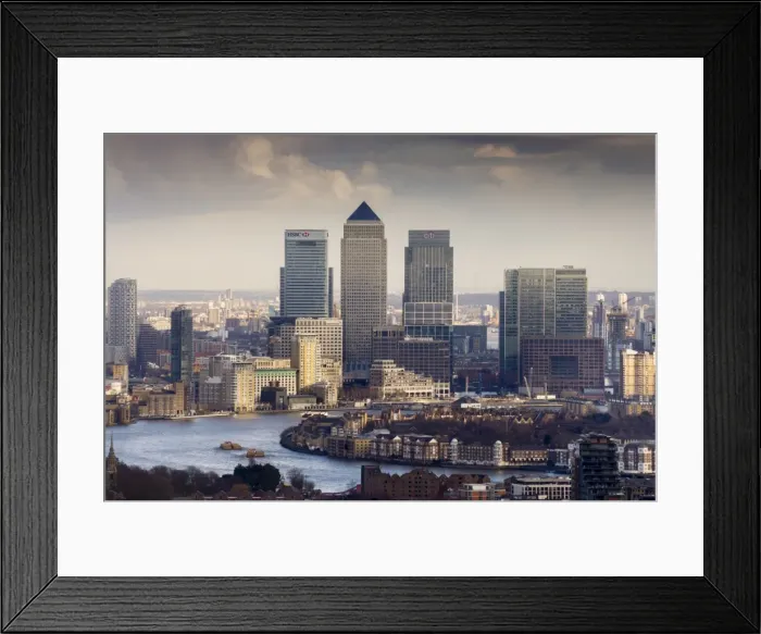 Framed Print : Moody view of Canary Wharf, Docklands, from above, London, England, United Kingdom Framed Print : Moody view of Canary Wharf, Docklands, from above, London, England, United Kingdom