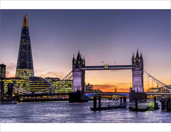 The Shard with Tower Bridge and River Thames at sunset, London, England, United Kingdom