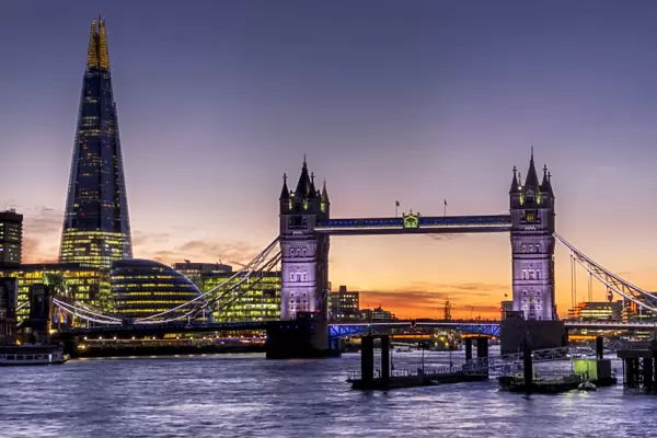 The Shard with Tower Bridge and River Thames at sunset, London, England, United Kingdom